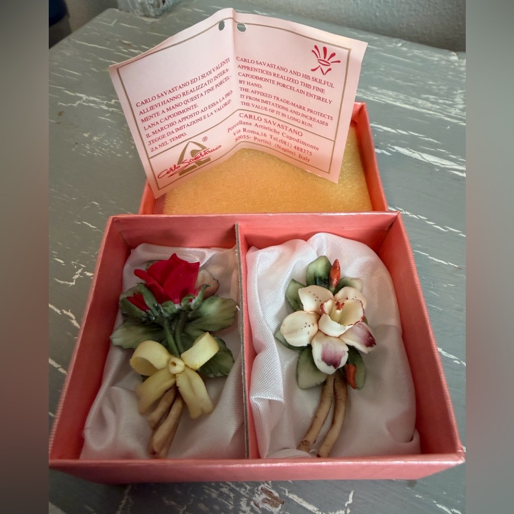 Carlos Savastano Porcelain Floral Pin Duo - Pink, Cream & Green Accents